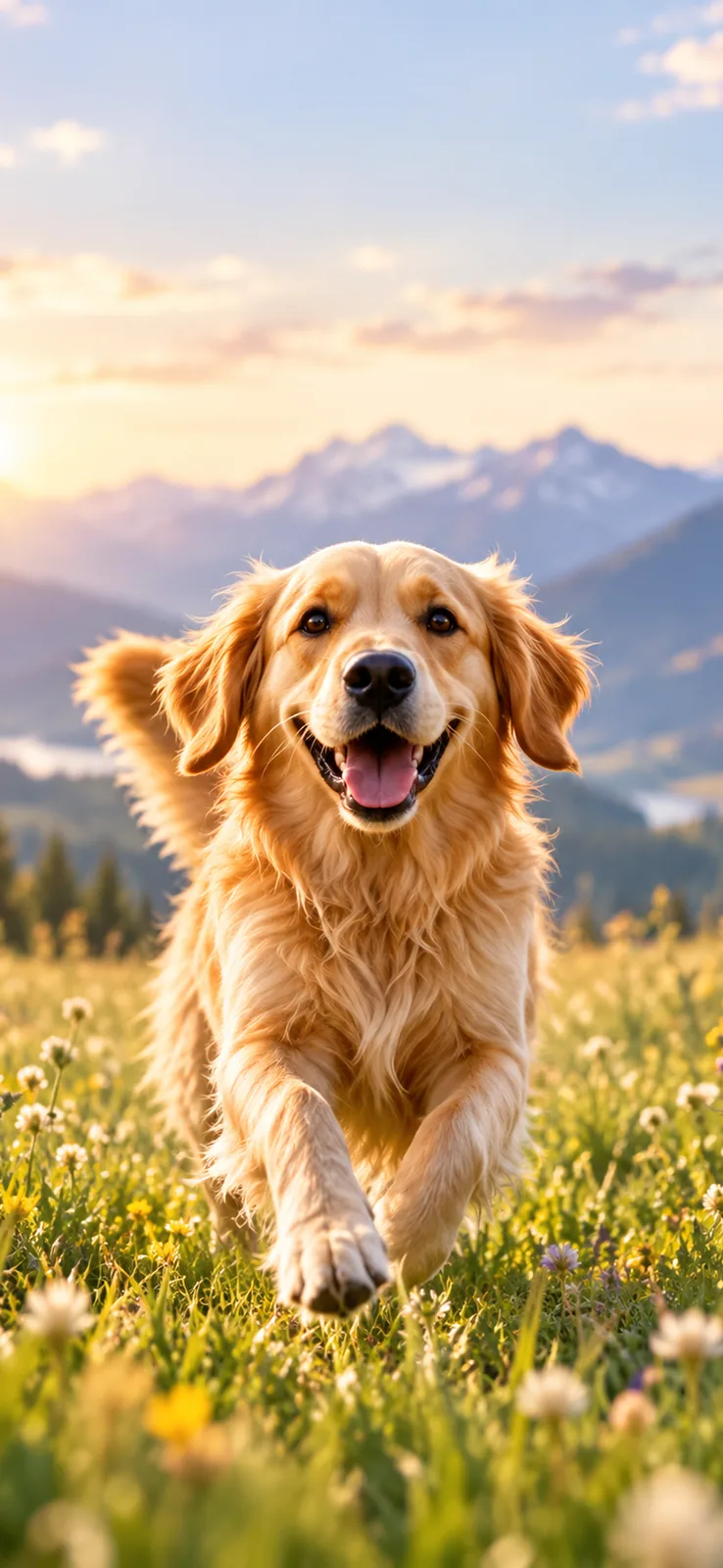 A happy golden retriever running through a flower meadow at sunrise